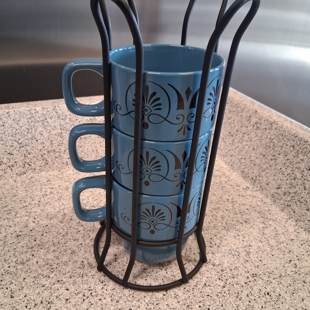 Stackable Blue Mugs with Black Stand